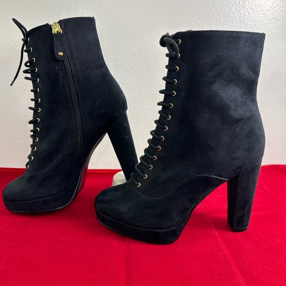 H&M Black Synthetic Suede Heeled Lace Up Platform Ankle Boots, Sz 7 - Picture 6 of 11